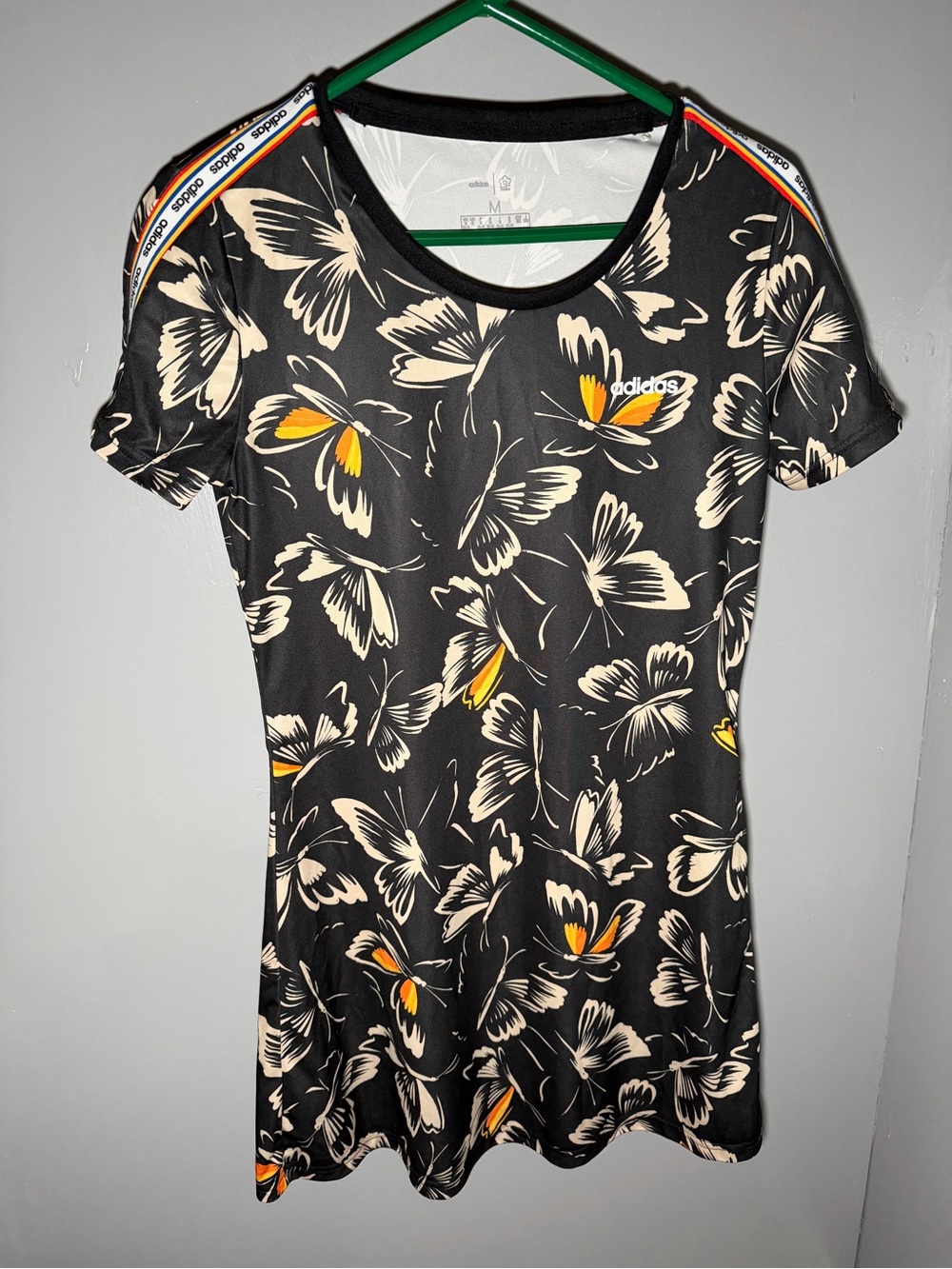 ADIDAS FARM RIO COLLAB Black Butterfly Print Tee Dress with Yellow Accents